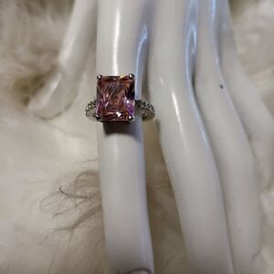 Silver Pink Sapphire Rhinestone Ring Size 6